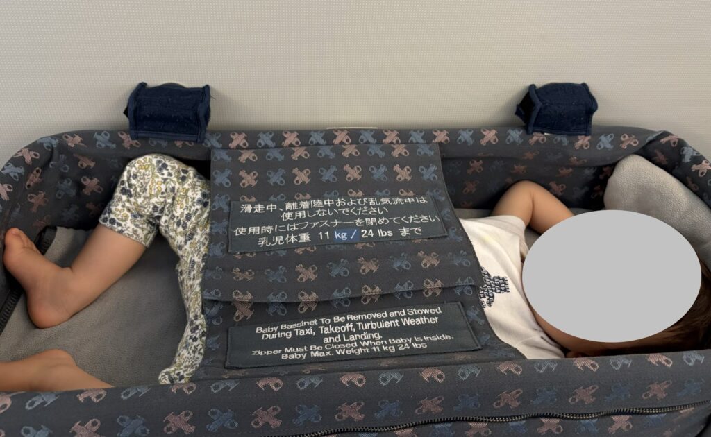 飛行機のバシネットで寝る1歳半の娘