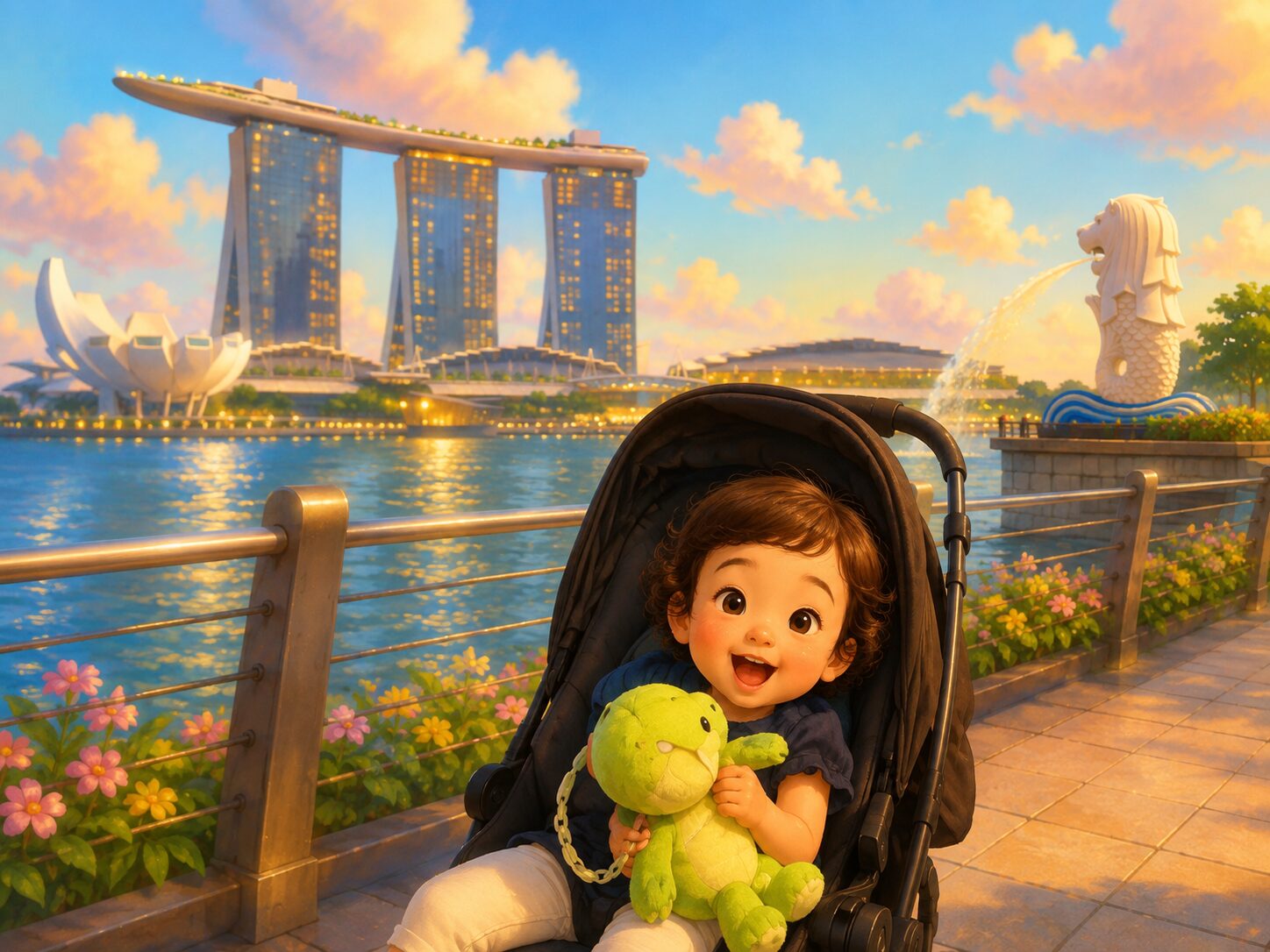 マリーナベイ・サンズとマーライオンを背景に、ベビーカーでぬいぐるみを抱いて笑う2歳半の女の子
