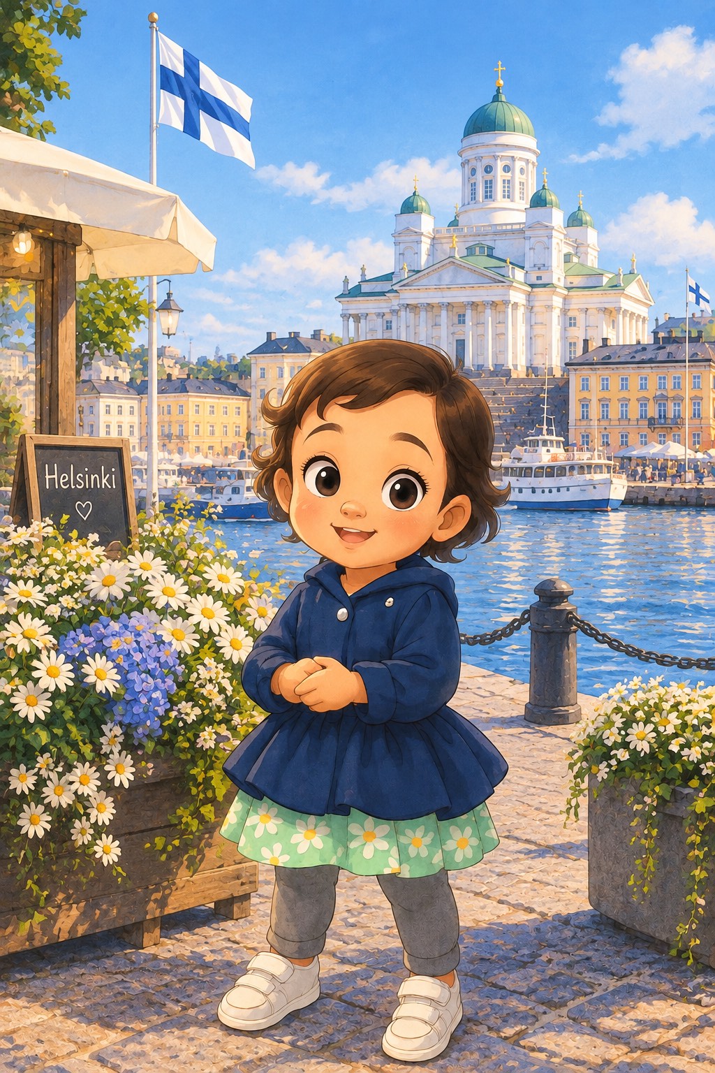 夏のヘルシンキの港に立つ1歳半の女の子。背景にヘルシンキ大聖堂とフィンランド国旗