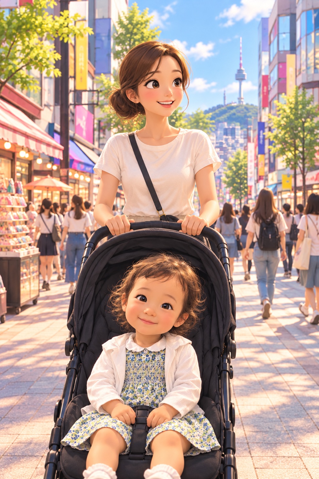 昼下がりのソウル・明洞の通りで、ベビーカーに乗った2歳の女の子と、それを押す母親。遠くに南山タワーが見える