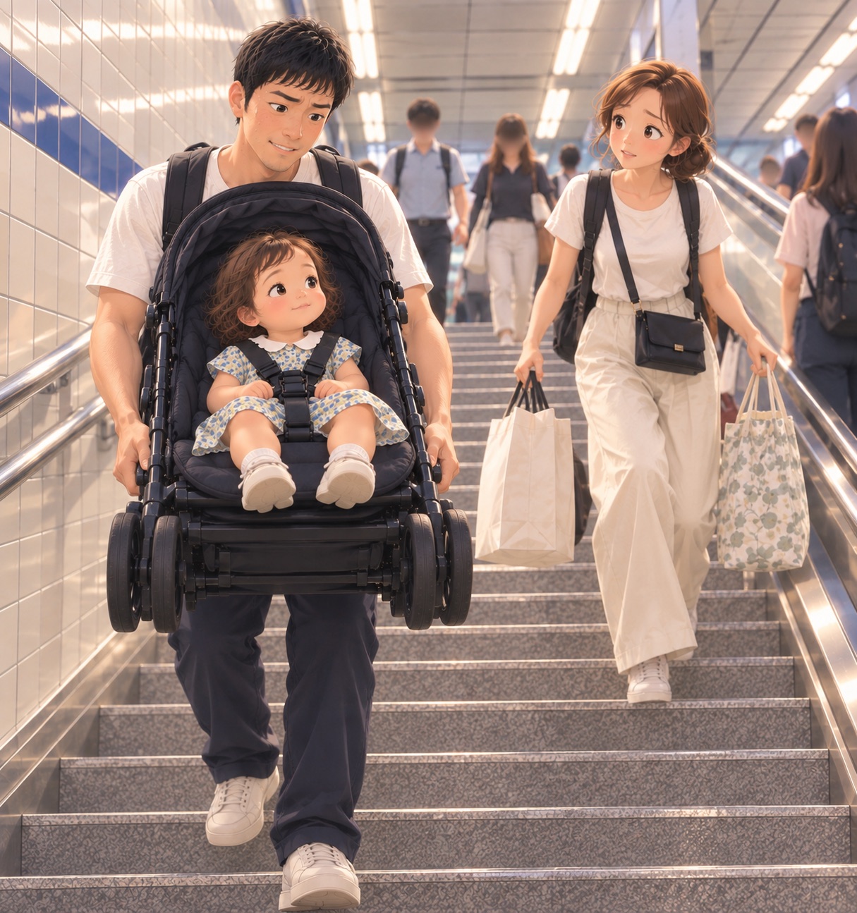 ソウルの地下鉄の階段。父親が2歳の女の子を乗せたままのベビーカーを水平に抱えて下り、後ろを母親が両手に荷物を持って下りている