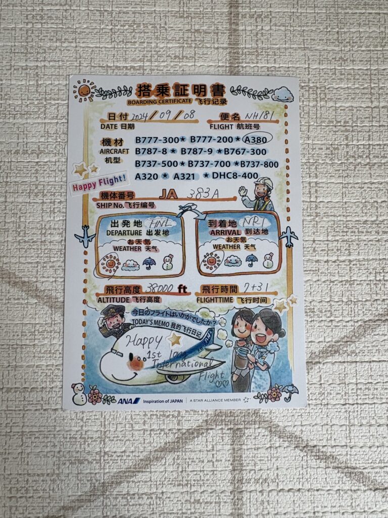 ハワイからの帰りの飛行機でもらったANAの搭乗証明書