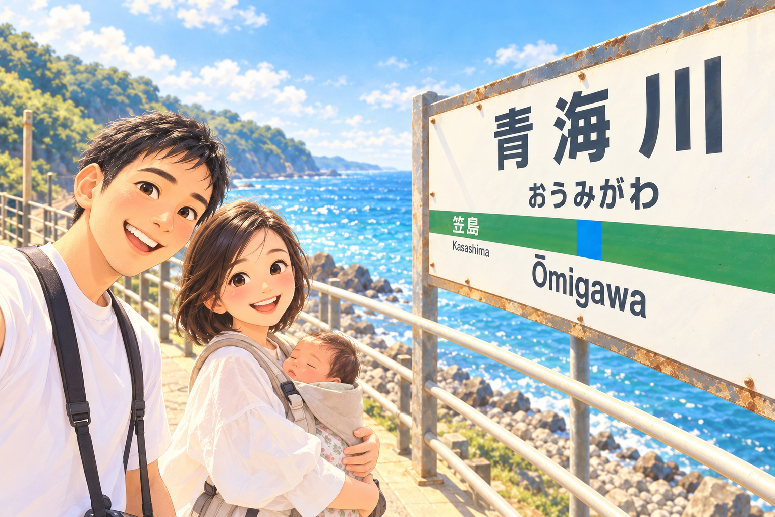 青海川駅の駅名標の前で、生後2ヶ月の娘を抱っこする家族のイラスト